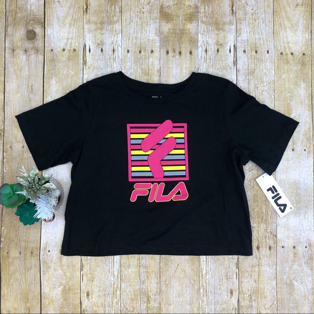 NWT FILA retro crop top short sleeve tee shirt black pink yellow small